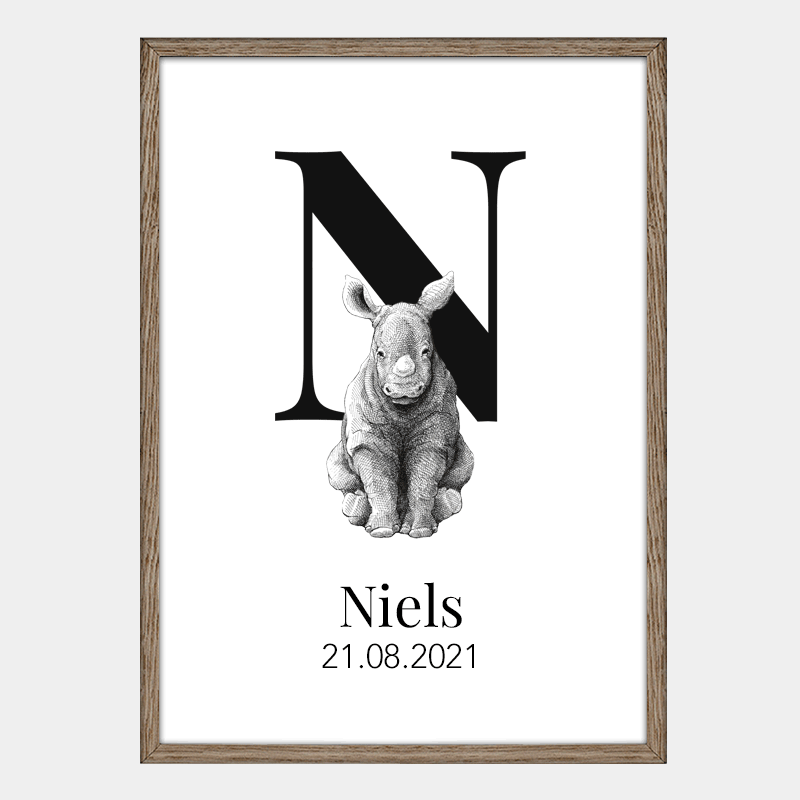 Navneplakat med N og næsehorn – børneplakat med dyr og bogstav, enkelt klassisk illustration til børn