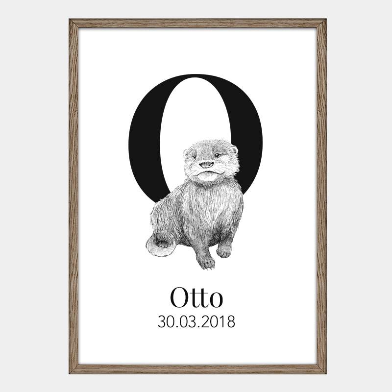 Navneplakat med bogstav O og odder – illustration til børneværelse med personlig dyreplakat