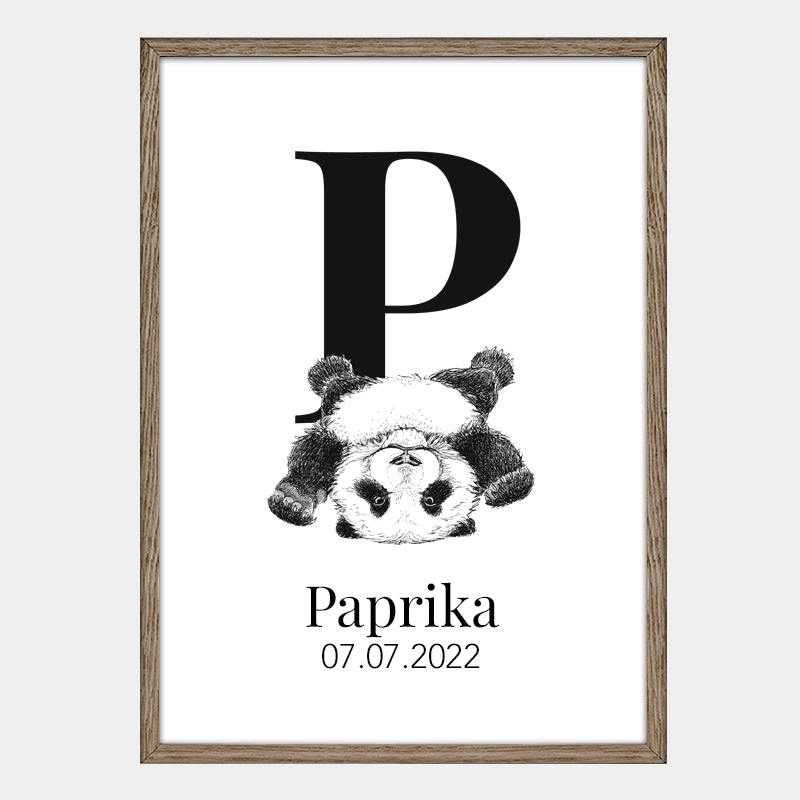 P – Navneplakat med bogstav P og panda – personlig plakat til børn med håndtegnet dyremotiv
