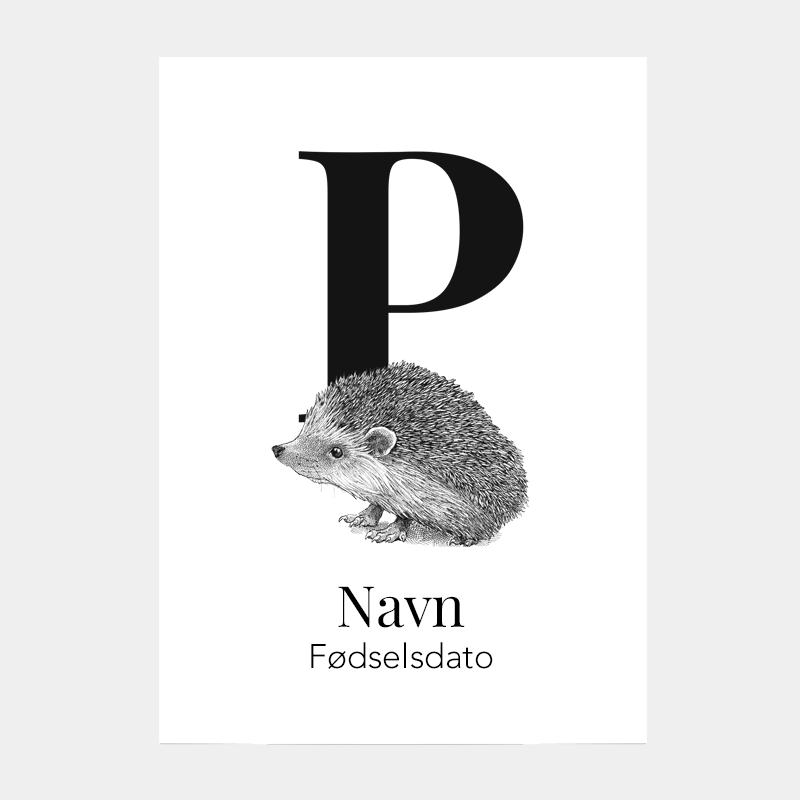 Navneplakat med bogstav P og pindsvin – personlig plakat til børn med nordisk dyremotiv