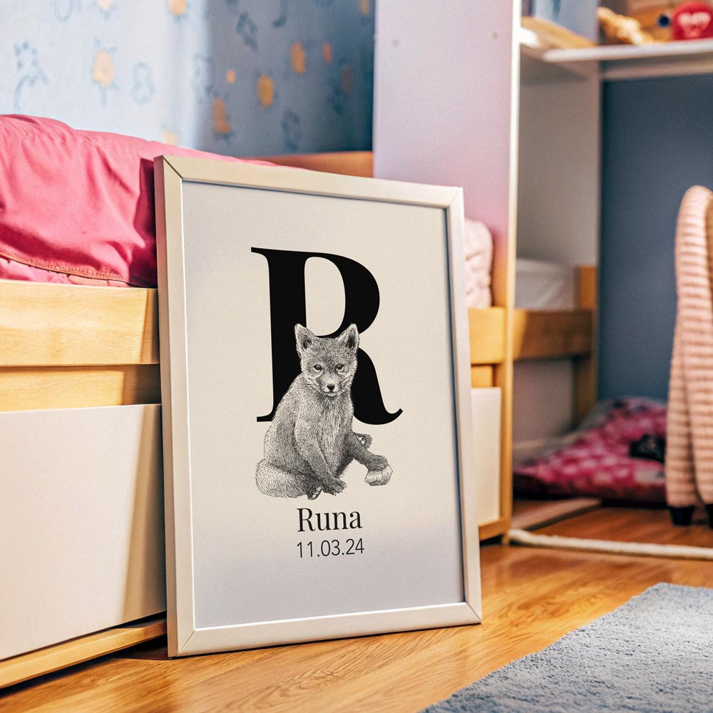 Navneplakat med bogstav R og ræv – personlig børneplakat med bogstav og dyremotiv