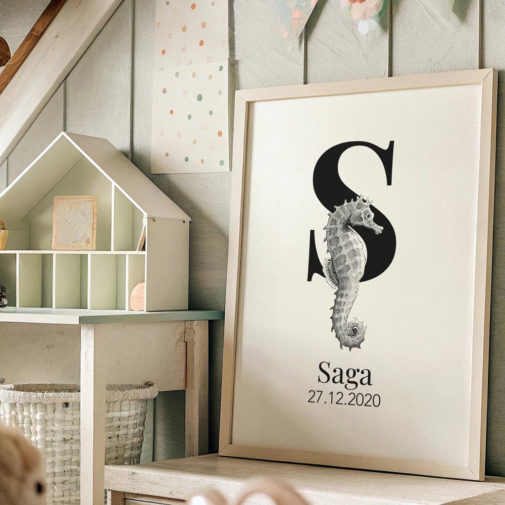Navneplakat med bogstav S og søhest – illustration til børneværelset, lærerig plakat