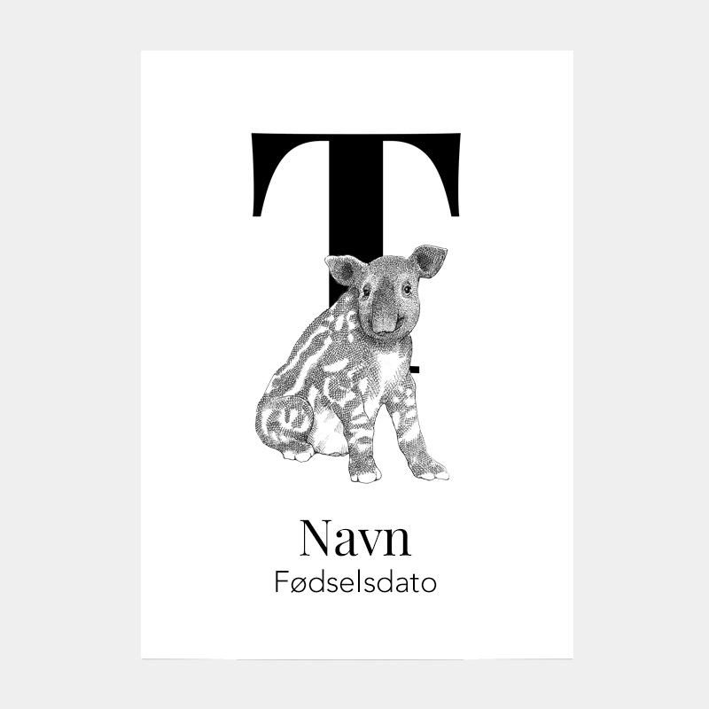 Navneplakat med bogstav T og tapir – dekorativ plakat til børneværelse med bogstav og dyr