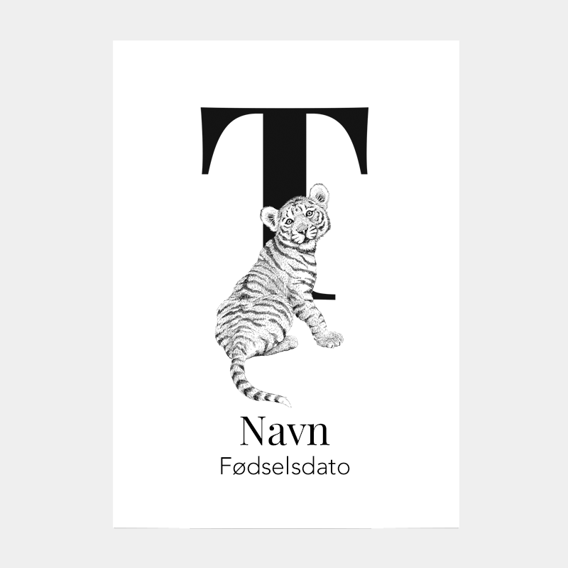 Navneplakat med bogstav T og tiger – personlig plakat til børneværelset, perfekt gave til fødselsdag