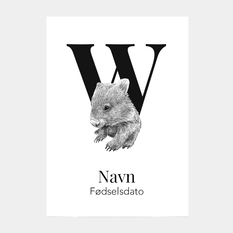 Navneplakat med bogstav W og wombat – personlig lærerig børneplakat