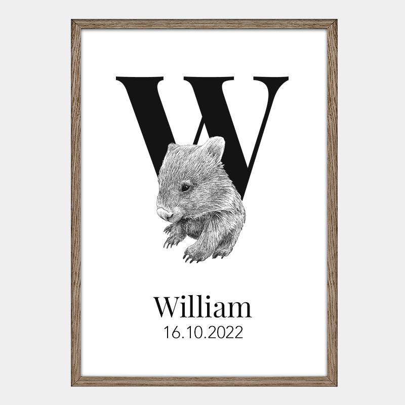 Navneplakat med bogstav W og wombat – personlig lærerig børneplakat