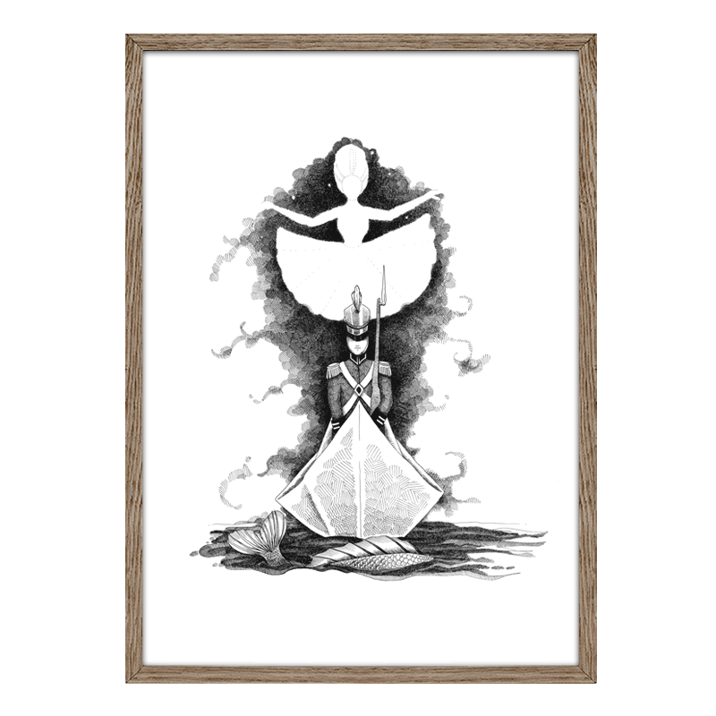 Sort-hvid håndtegnet plakat med tinsoldat og ballerina, inspireret af Den standhaftige tinsoldat – symbol på mod og kærlighed.