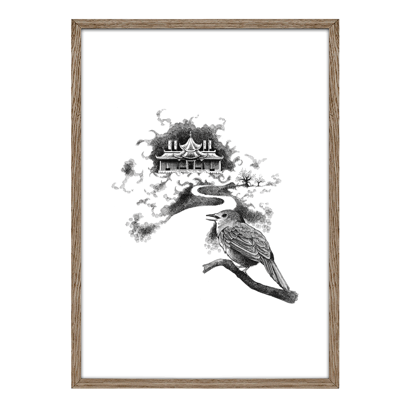 Sort-hvid håndtegnet plakat med nattergal på gren og kejserpalads, inspireret af H.C. Andersens eventyr Nattergalen.