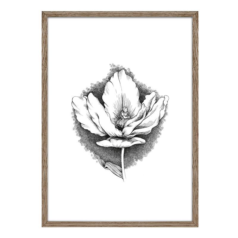 Sort-hvid håndtegnet plakat af Tommelise i en blomst, inspireret af H.C. Andersens eventyr – symbol på mod og frihed.