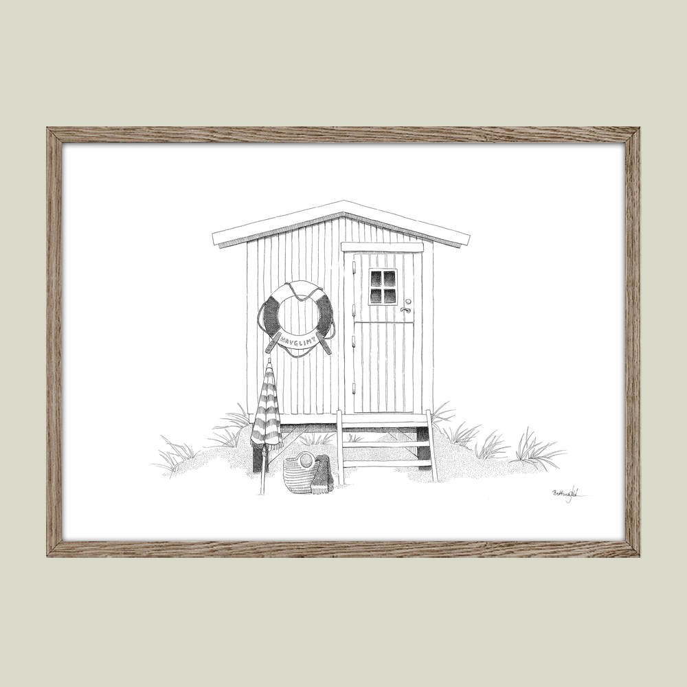 Håndtegnet plakat med strandhus og redningskrans – sommermotiv fra serien Ved havet