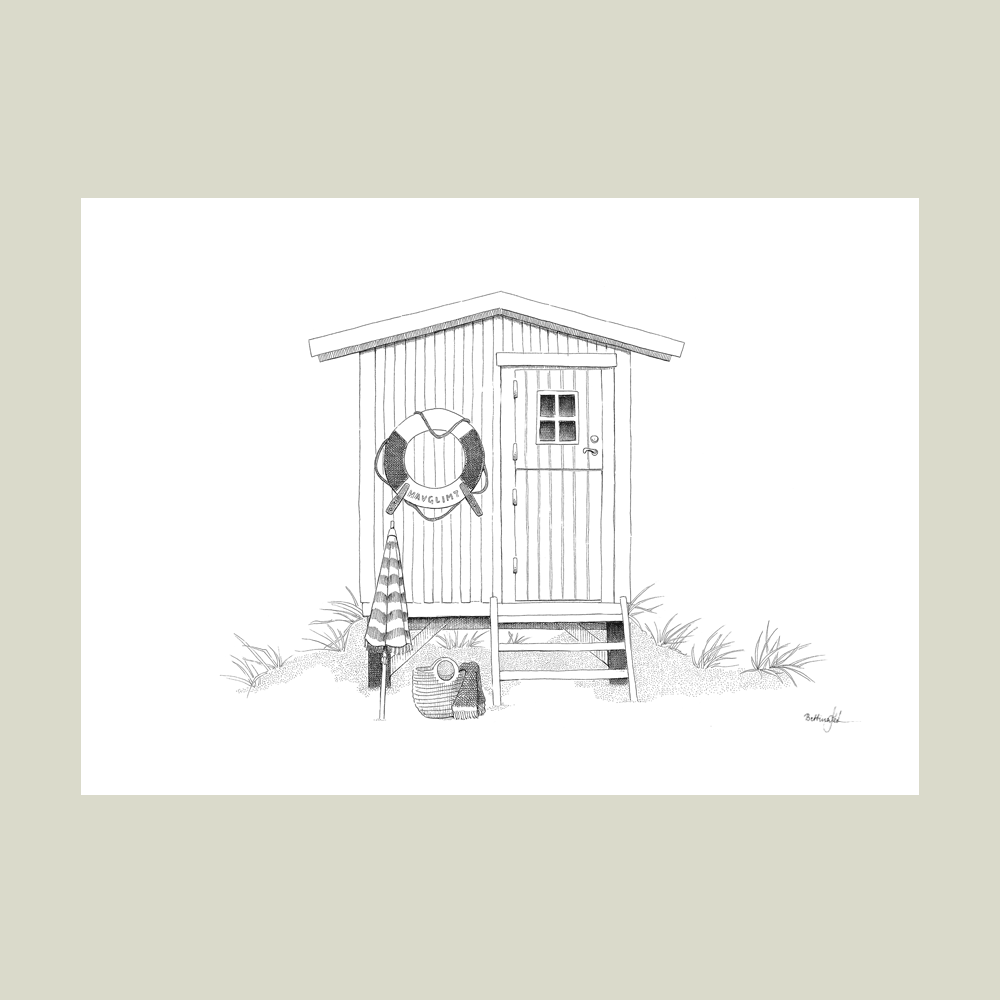 Håndtegnet plakat med strandhus og redningskrans – sommermotiv fra serien Ved havet