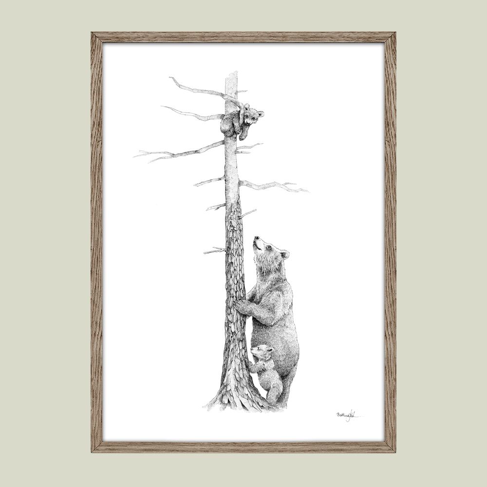 Håndtegnet familieplakat med bjørnemor og unger – symbol på tryghed, kærlighed og at passe på hinanden.