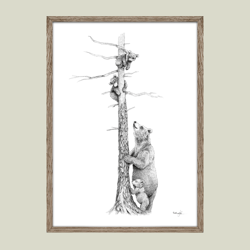 Håndtegnet familieplakat med bjørnemor og unger – symbol på tryghed, kærlighed og at passe på hinanden.