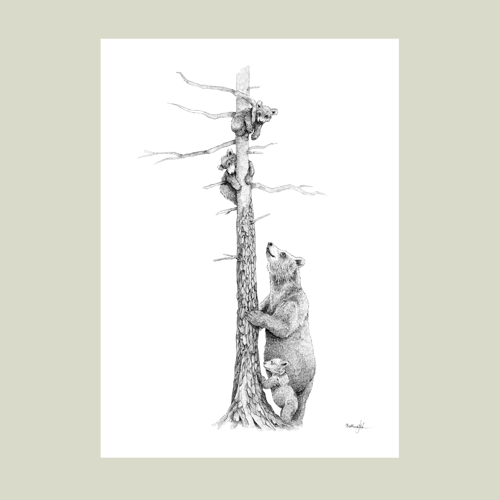 Håndtegnet familieplakat med bjørnemor og unger – symbol på tryghed, kærlighed og at passe på hinanden.