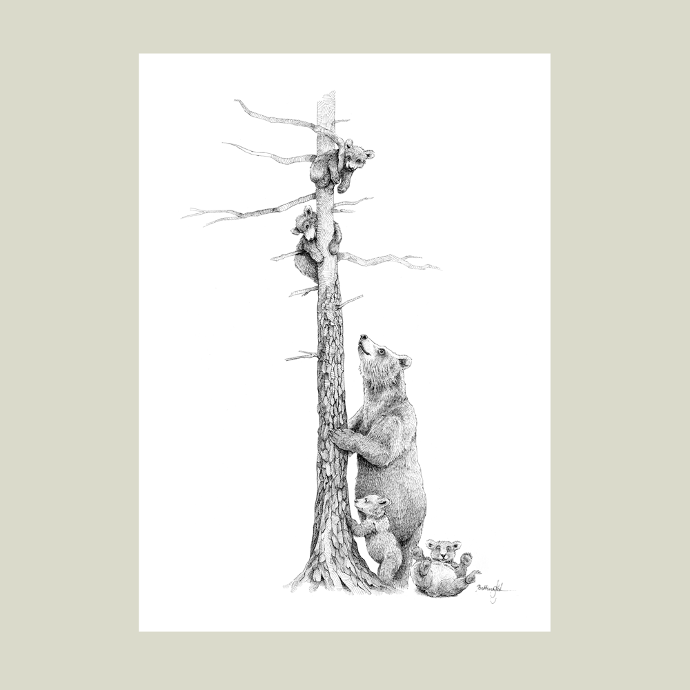 Håndtegnet familieplakat med bjørnemor og unger – symbol på tryghed, kærlighed og at passe på hinanden.