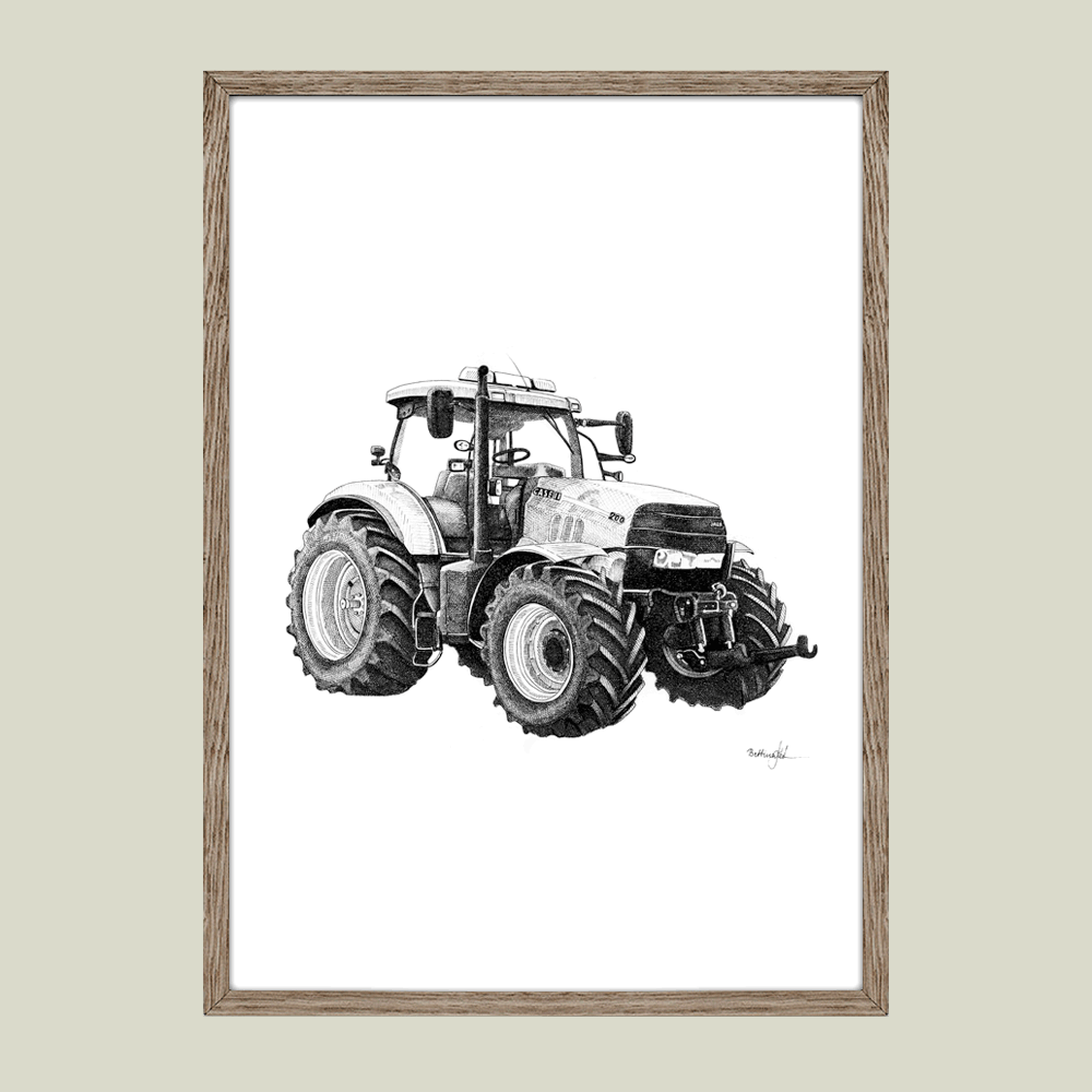 Håndtegnet sort-hvid illustration af en moderne traktor set fra siden. Et detaljeret og kraftfuldt motiv fra landbrugets maskinverden. Case traktor.