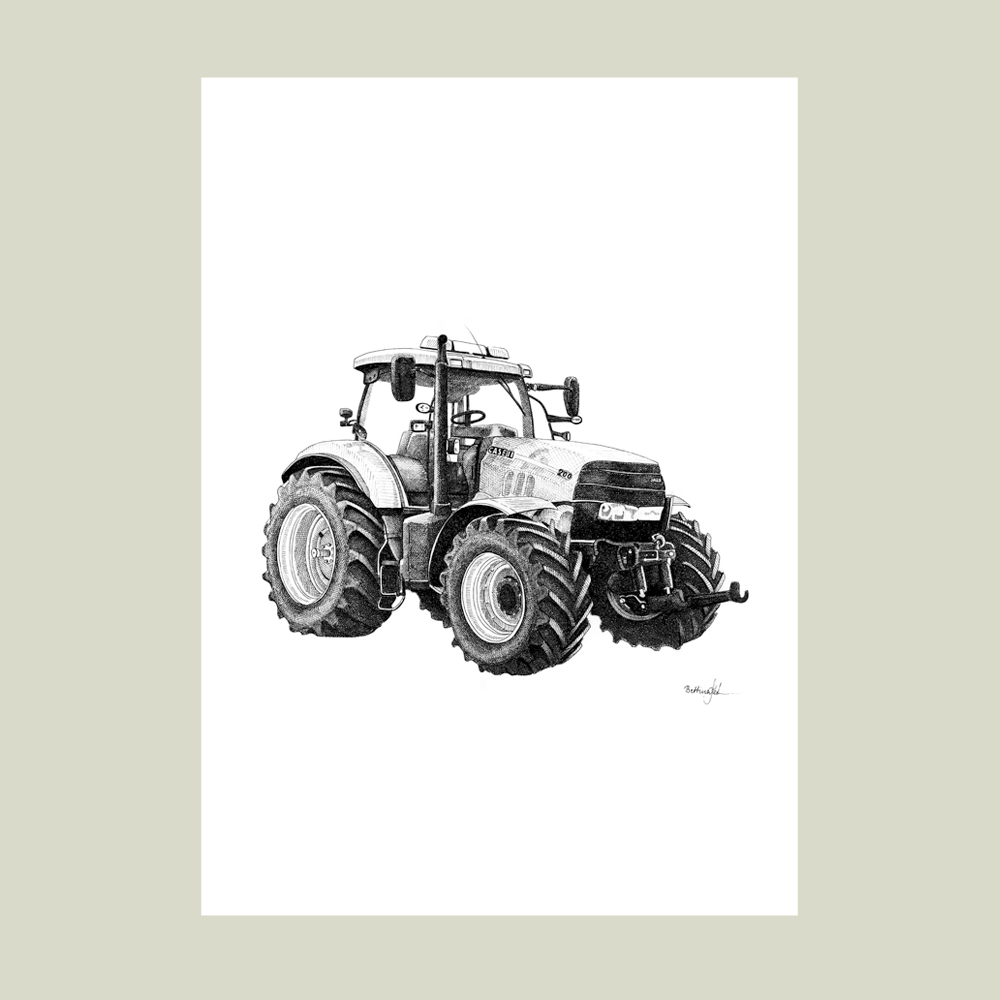 Håndtegnet sort-hvid illustration af en moderne traktor set fra siden. Et detaljeret og kraftfuldt motiv fra landbrugets maskinverden. Case traktor.