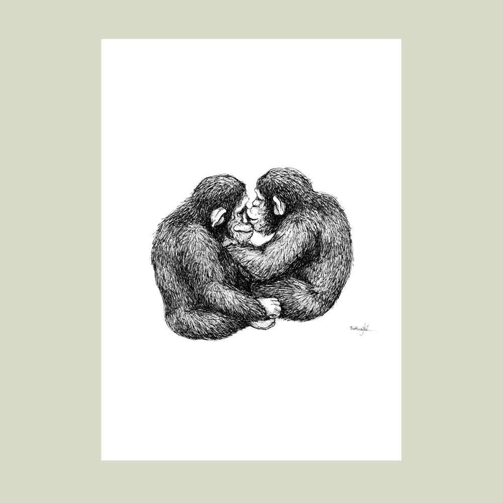 Håndtegnet sort-hvid plakat med to chimpanser, der sidder tæt – symbol på kærlighed og tryghed.