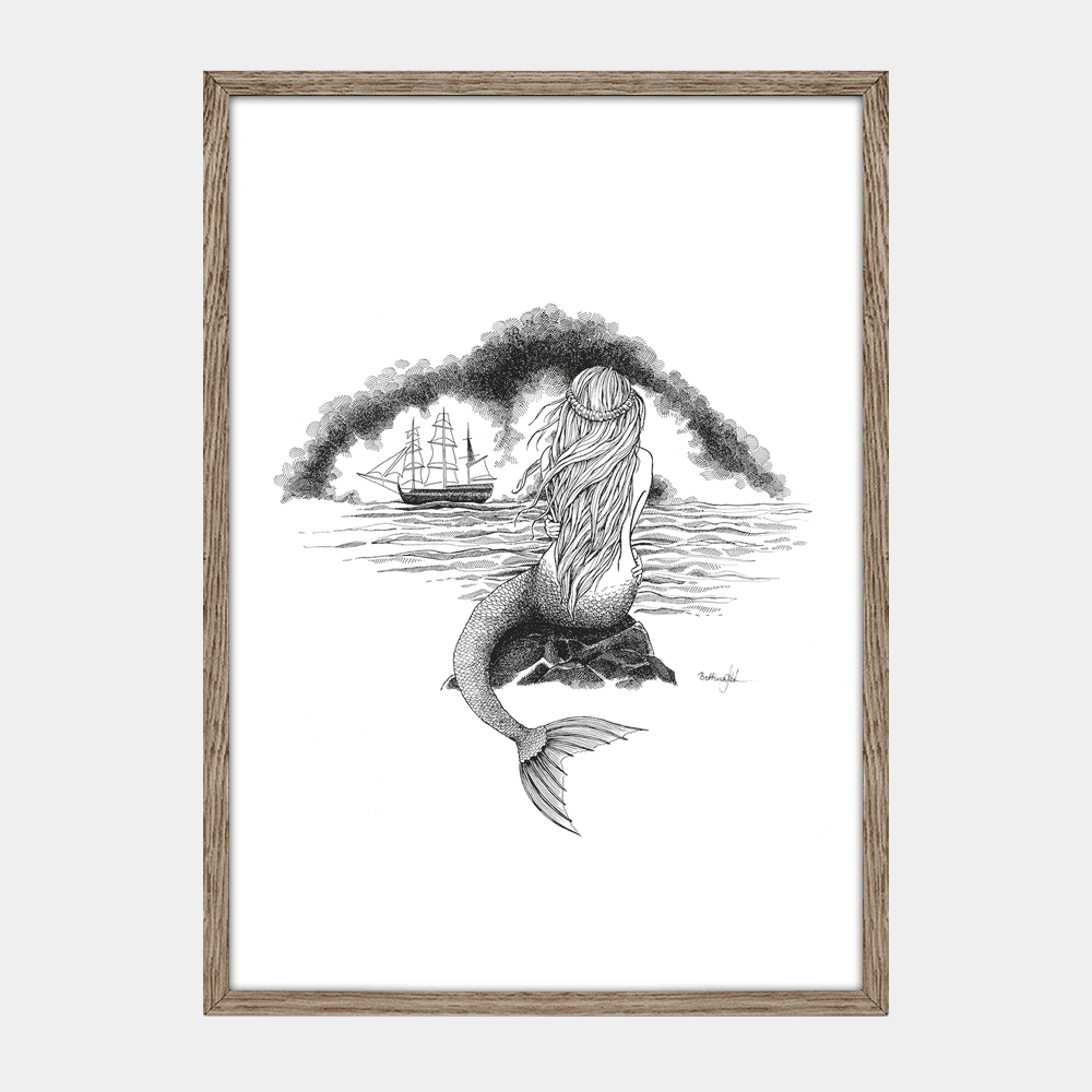 Plakat Den lille havfrue, håndtegnet illustration, fra H.C. Andersens eventyr, egetræsramme. Dansk kunstner