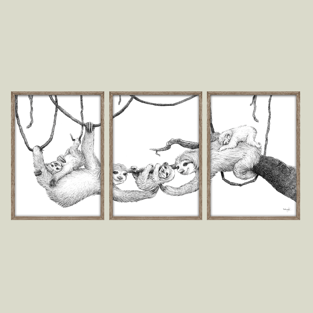 Håndtegnet sort-hvid plakat med dovendyr – detaljeret tuschtegning af dovendyrfamilie, der hviler i træernes grene.