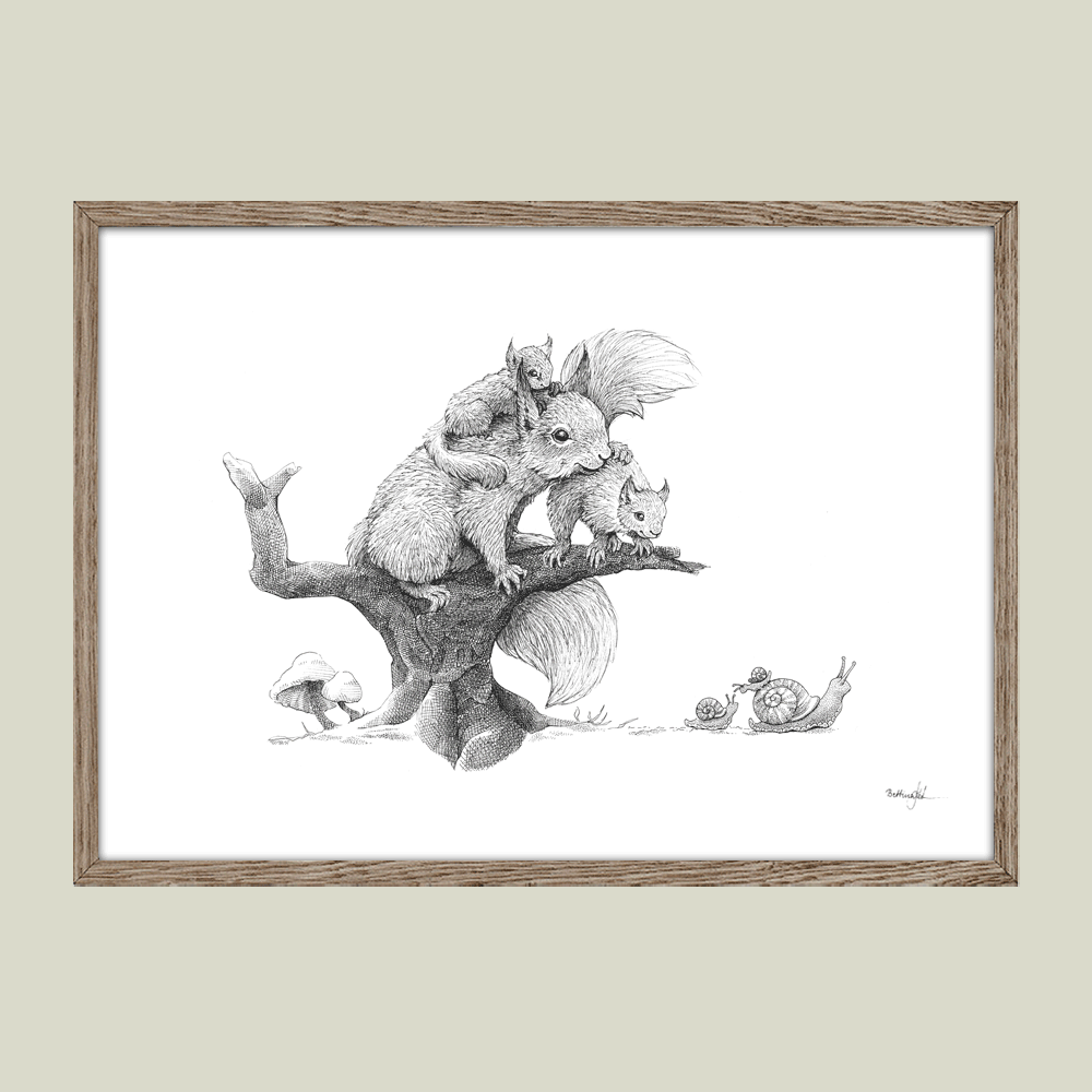 Håndtegnet plakat med egern og unger – symbol på kærlighed og omsorg. En personlig gave til mor eller dagplejemor.