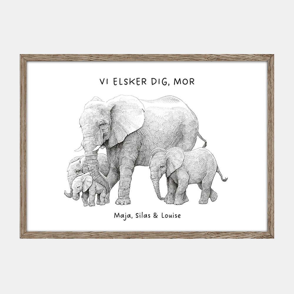 Personlig plakat med elefantfamilie, eksempeltekst 'Vi elsker dig, mor' og navne, egetræsramme