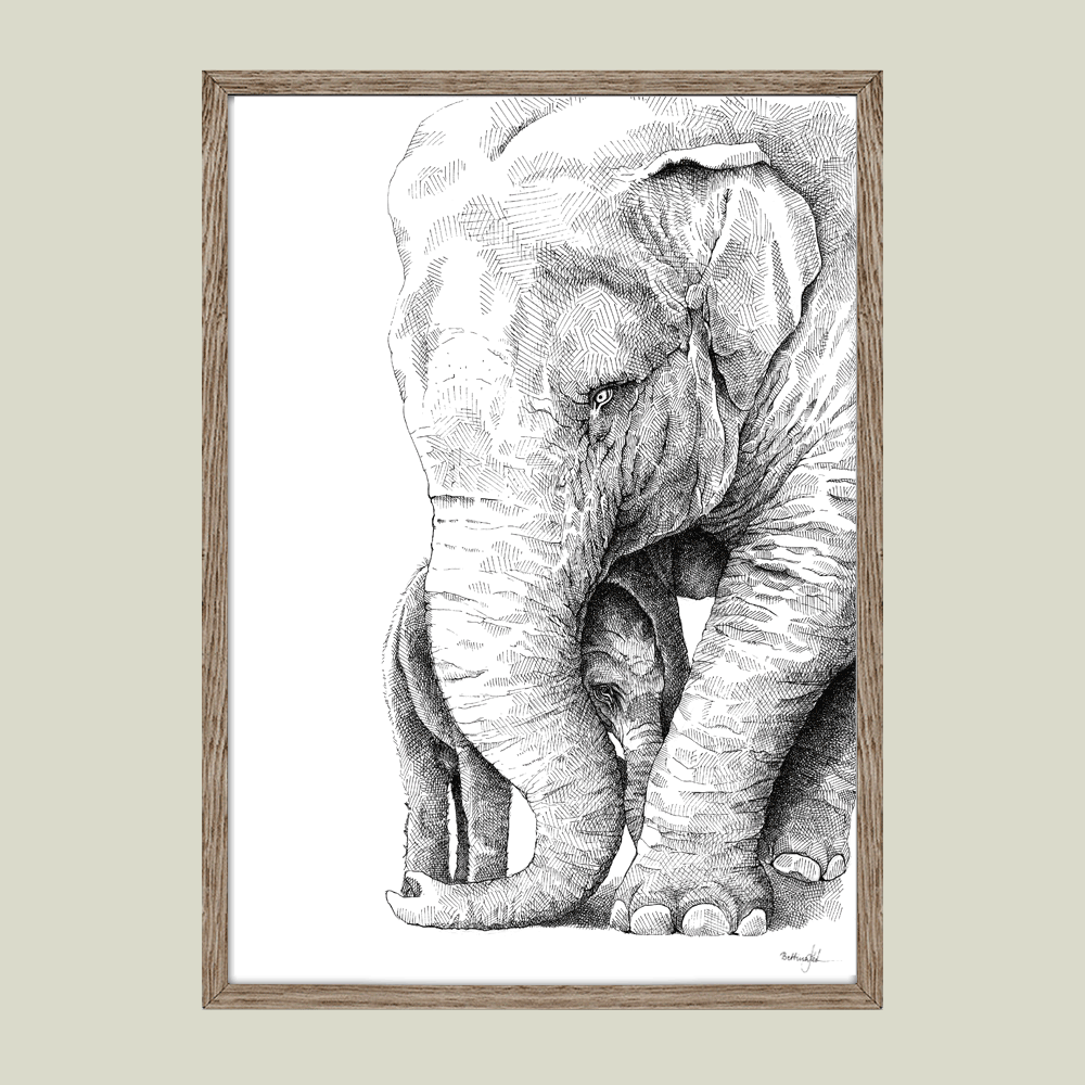 Håndtegnet familieplakat med elefanter – mor og unge i et varmt motiv, der symboliserer kærlighed, tryghed og beskyttelse.