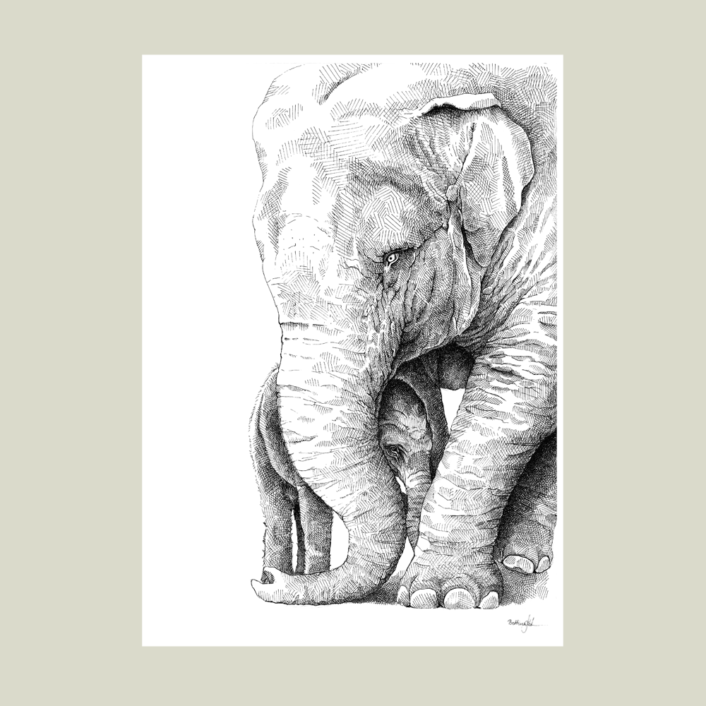 Håndtegnet familieplakat med elefanter – mor og unge i et varmt motiv, der symboliserer kærlighed, tryghed og beskyttelse.