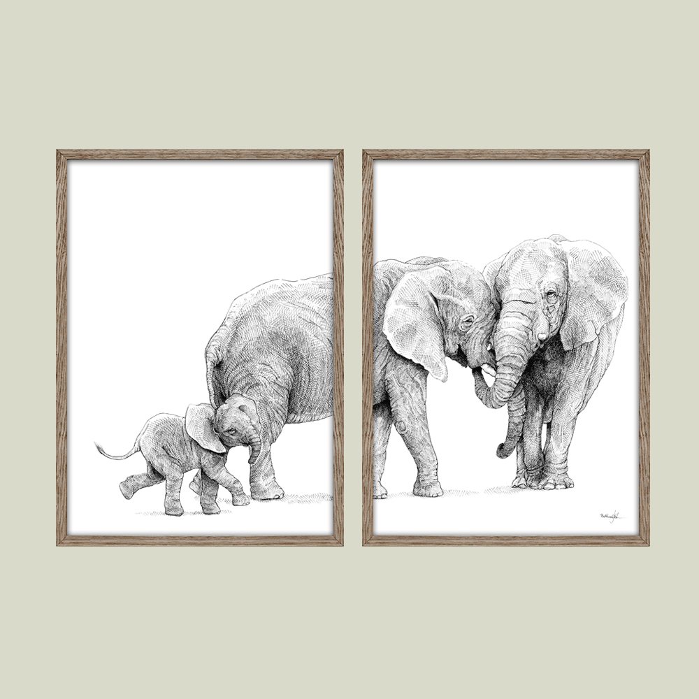 Håndtegnet familieplakat med elefanter – forældre og unge i et motiv, der symboliserer kærlighed, beskyttelse og samhørighed.