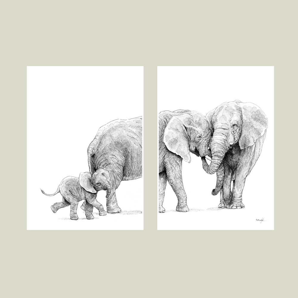 Håndtegnet familieplakat med elefanter – forældre og unge i et motiv, der symboliserer kærlighed, beskyttelse og samhørighed.