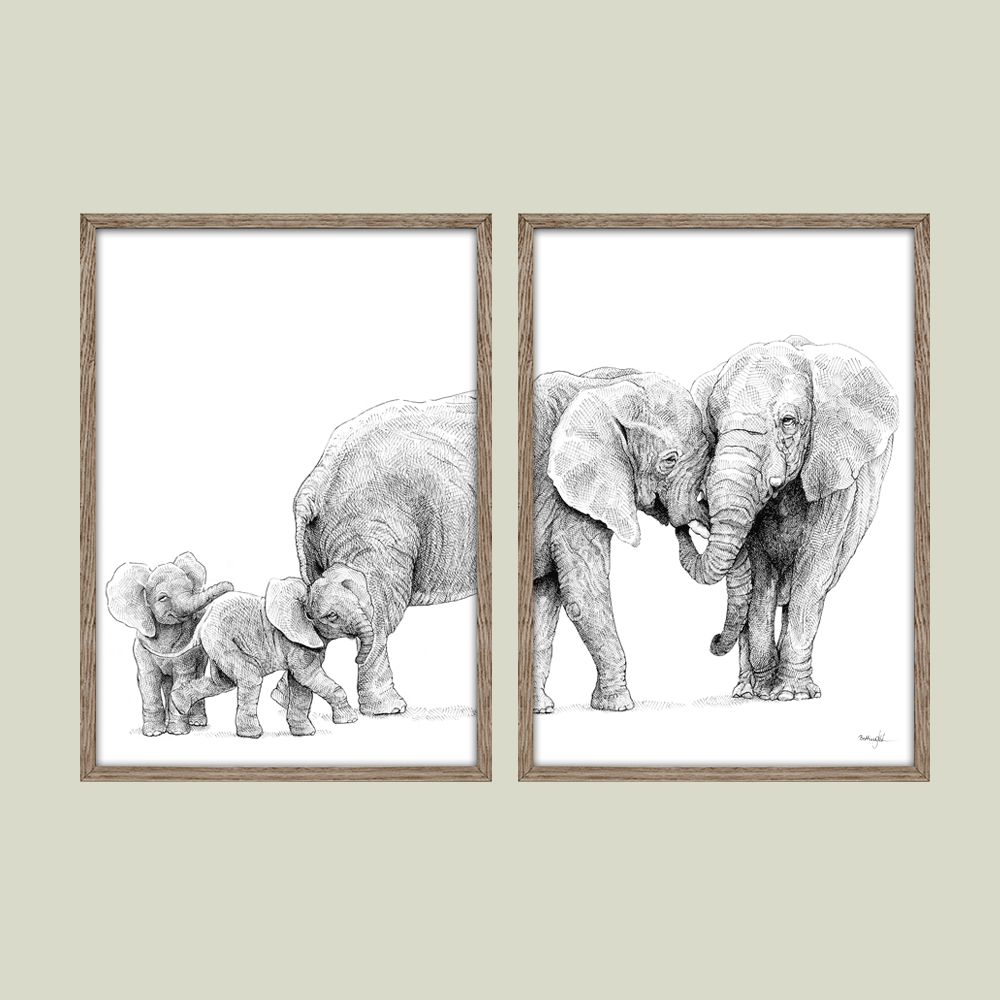 Håndtegnet familieplakat med elefanter – forældre og unge i et motiv, der symboliserer kærlighed, beskyttelse og samhørighed.