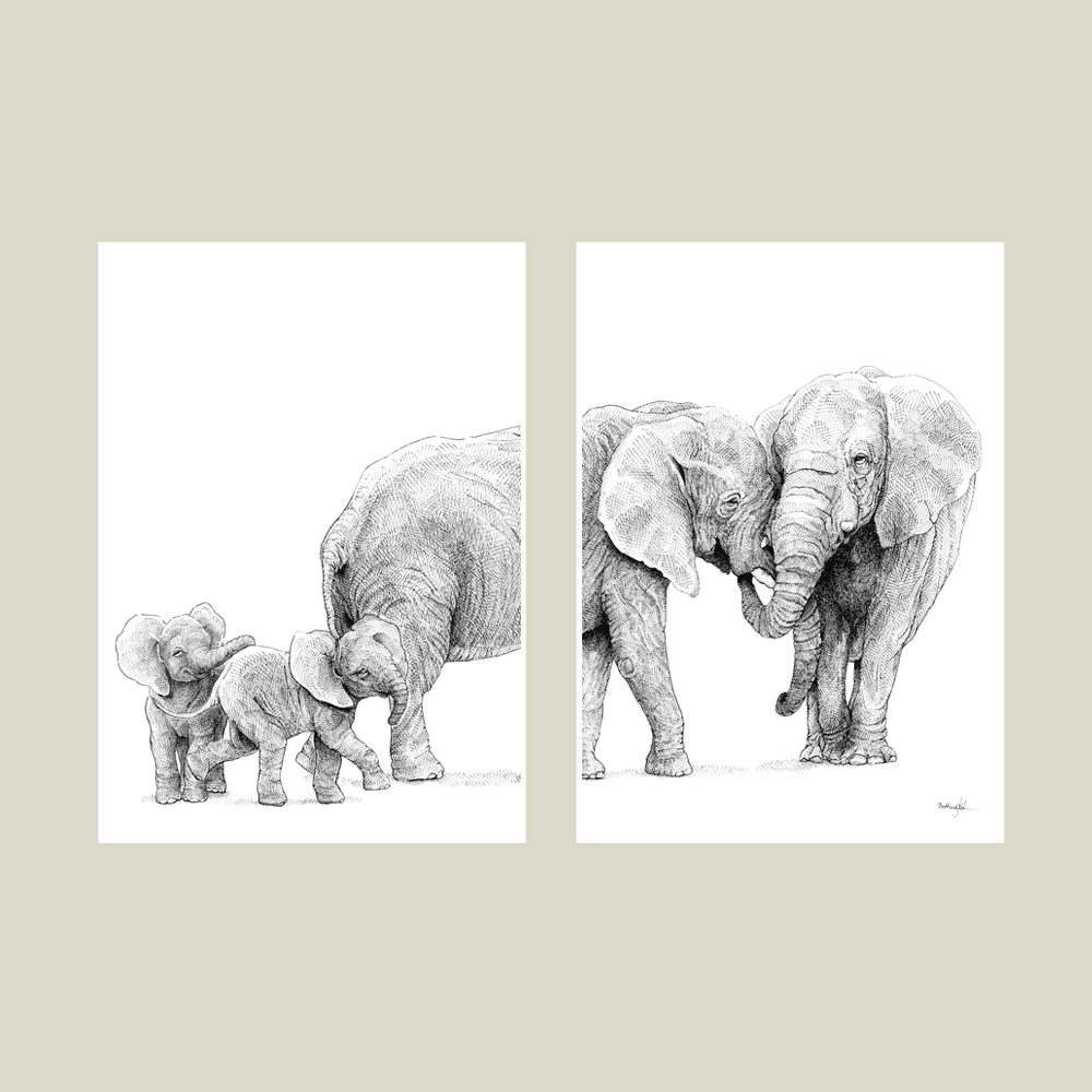 Håndtegnet familieplakat med elefanter – forældre og to unger i et motiv, der symboliserer kærlighed, beskyttelse og samhørighed.