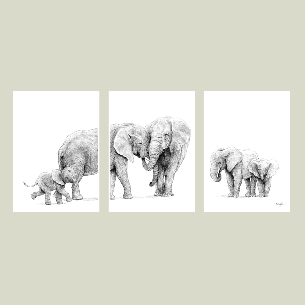 Håndtegnet familieplakat med elefanter – forældre og tre unger i et motiv, der symboliserer kærlighed, beskyttelse og samhørighed.