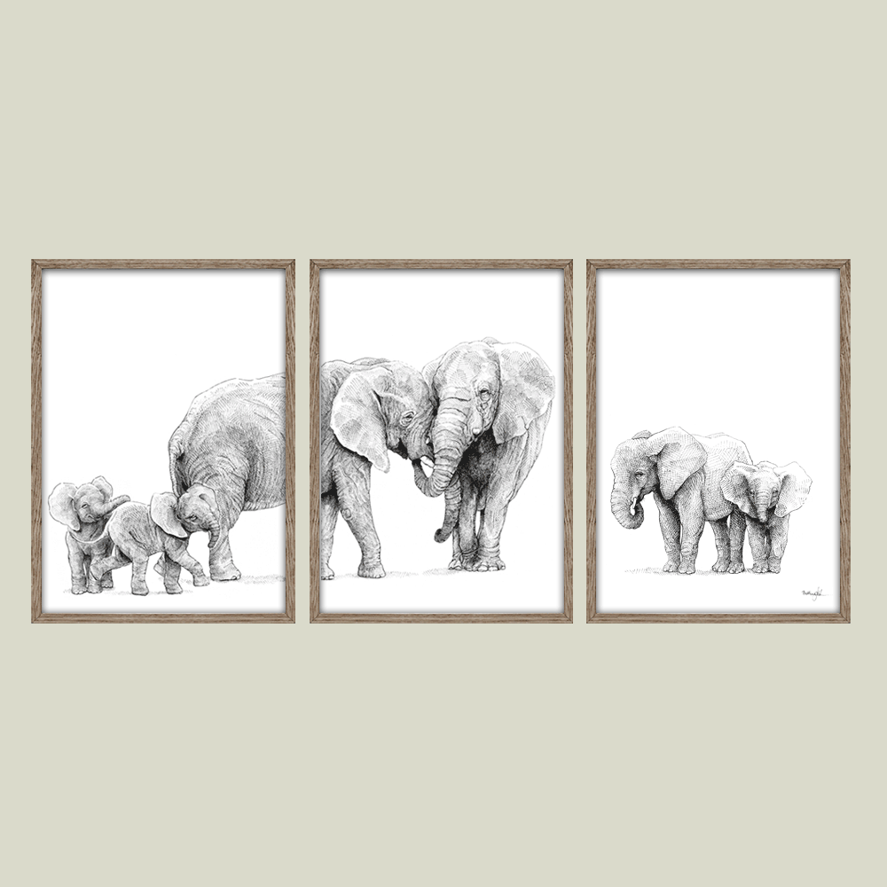 Håndtegnet familieplakat med elefanter – forældre og unge i et motiv, der symboliserer kærlighed, beskyttelse og samhørighed.