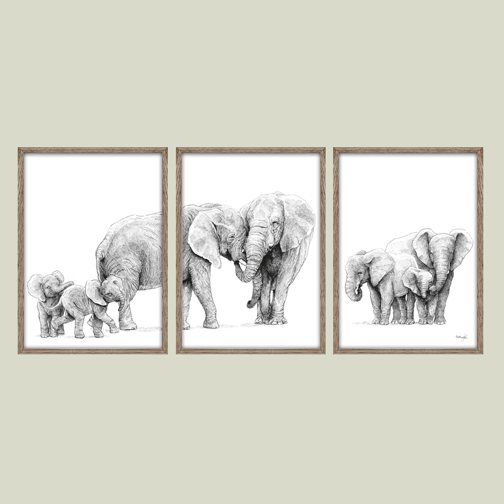 Håndtegnet familieplakat med elefanter – forældre og unge i et motiv, der symboliserer kærlighed, beskyttelse og samhørighed.