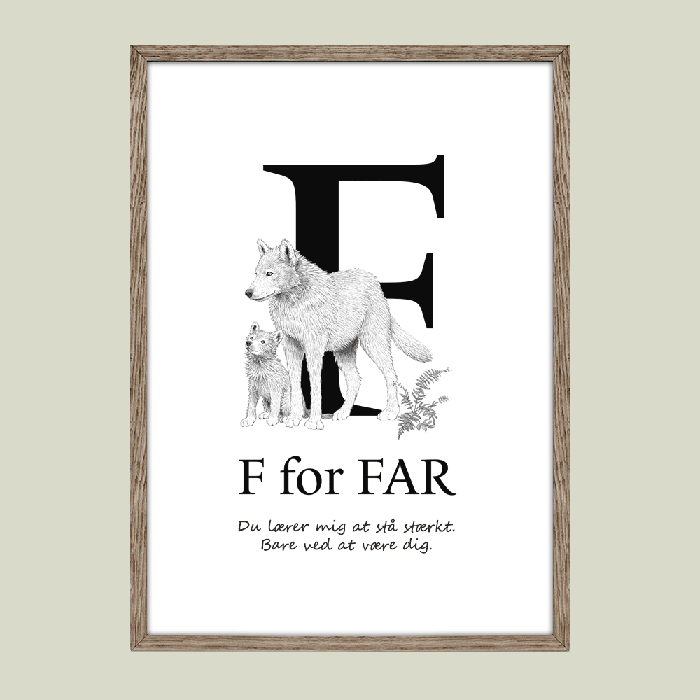 Plakat med ulv og unge – F for FAR. En personlig og kærlig gave til far.