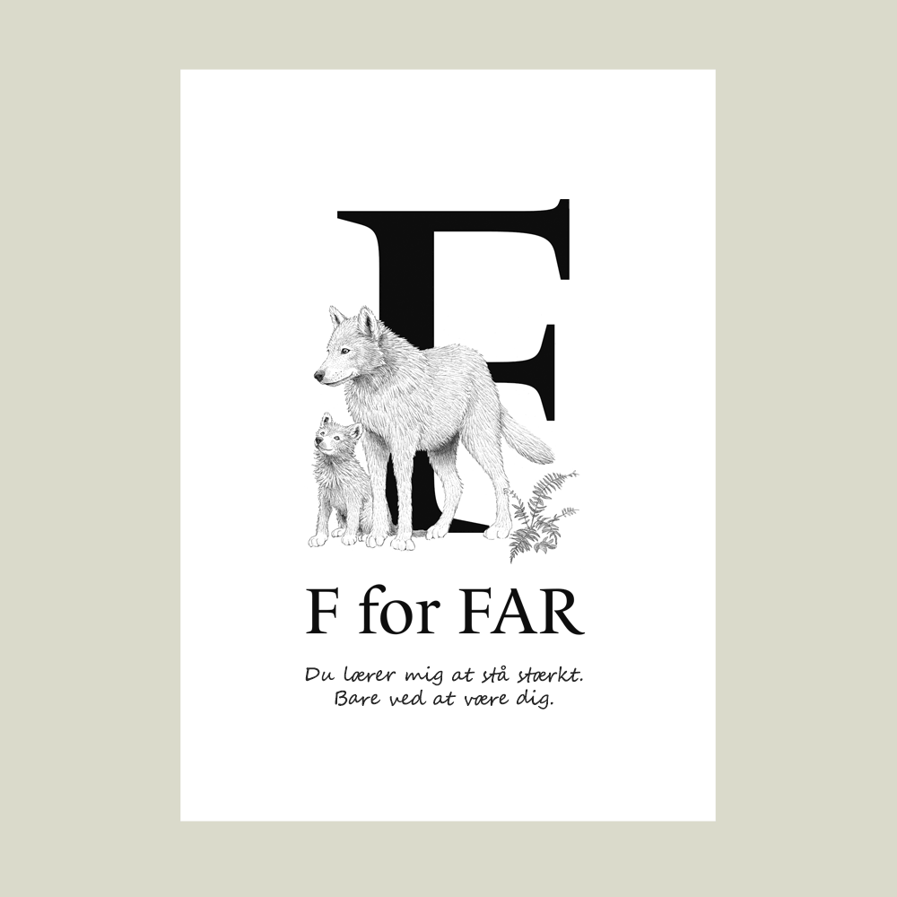 Plakat med ulv og unge – F for FAR. En personlig og kærlig gave til far.