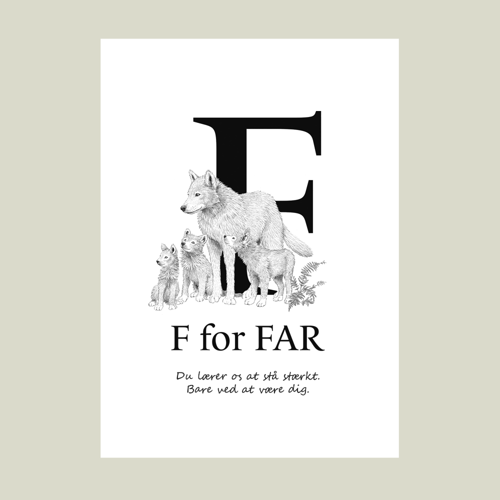 Plakat med ulv og unger – F for FAR. En personlig og kærlig gave til far.