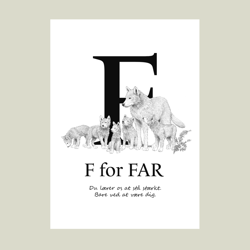 Plakat med ulv og unger – F for FAR. En personlig og kærlig gave til far.