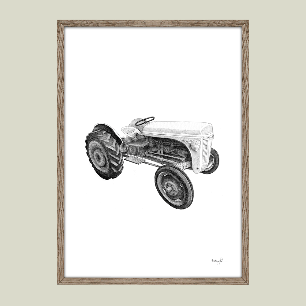 Håndtegnet sort-hvid illustration af en gammel grå Ferguson traktor i sideperspektiv. Et nostalgisk og karakterfuldt motiv fra landlivet.