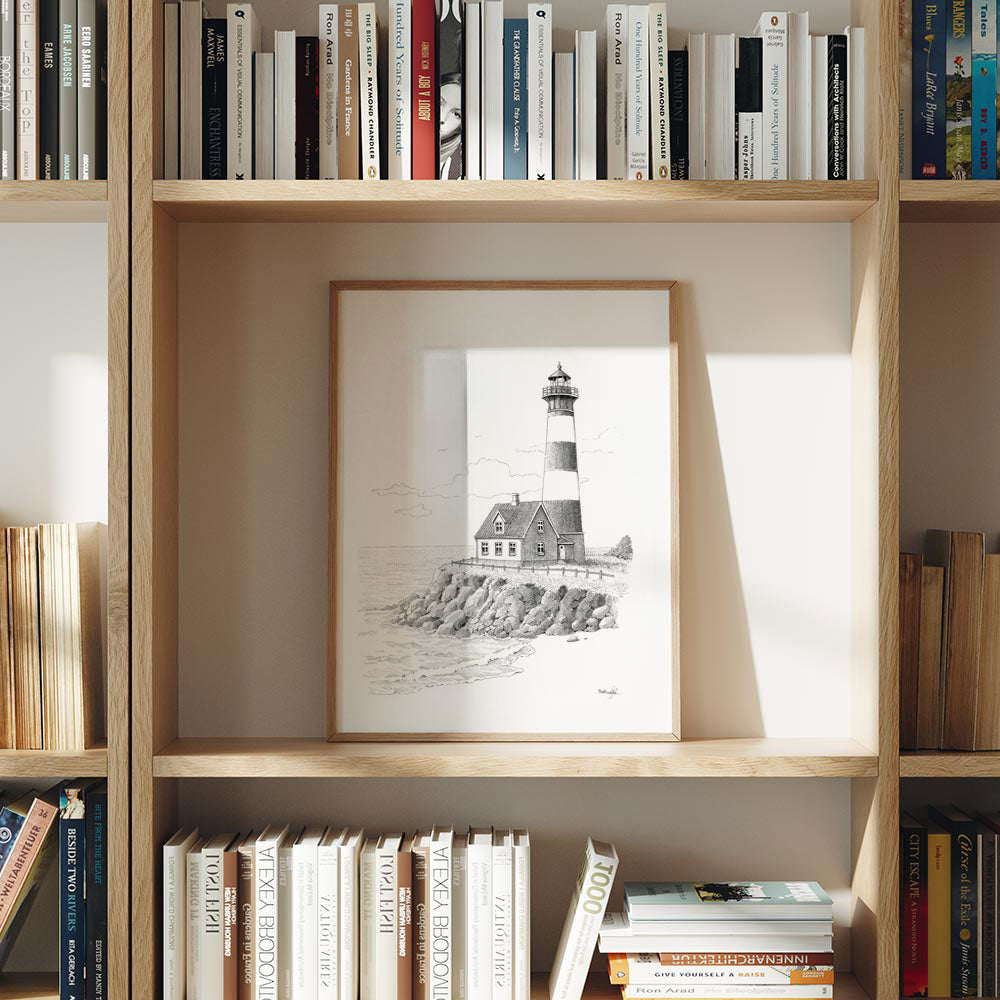 Håndtegnet plakat med fyrtårn ved havet – naturmotiv fra serien Ved havet