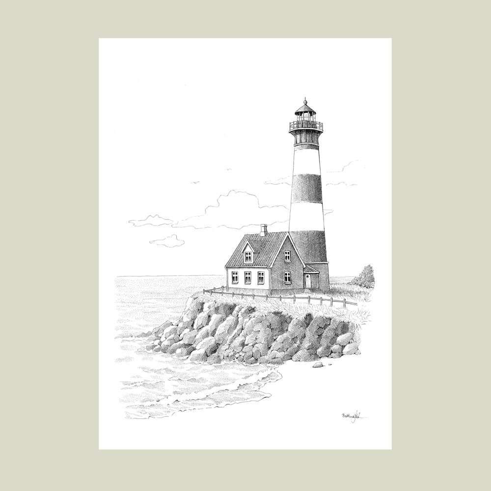 Håndtegnet plakat med fyrtårn ved havet – naturmotiv fra serien Ved havet