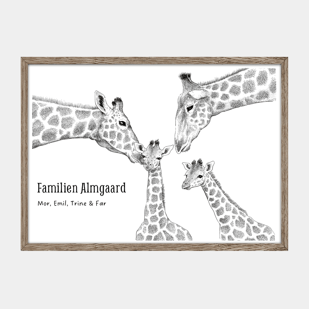 Personlig barsel og dåbsgave med plakat af giraffamilie og to unger. Tilføj navne og evt et citat. 
