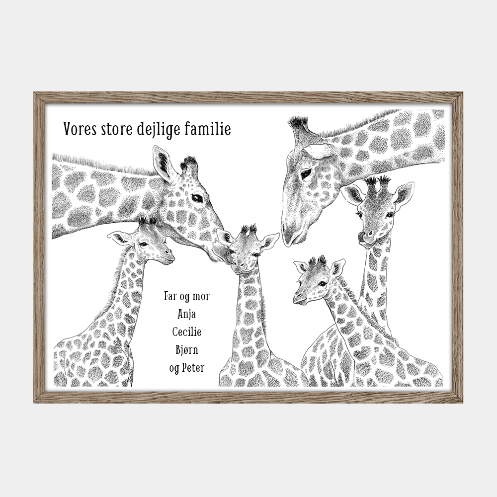 Personlig barsel og dåbsgave med plakat af giraffamilie og fire unger. Tekst ' Vores store dejlige familie' og navne