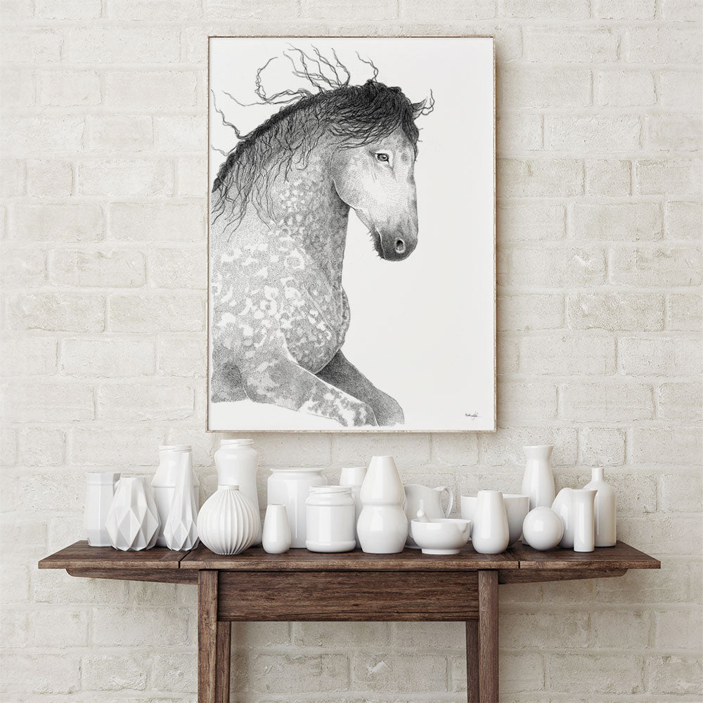 Plakat med gråskimmel hest