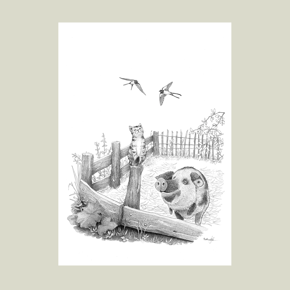 Håndtegnet sort-hvid illustration af en kat på en hegnspæl, en sortplettet gris og to svaler i et roligt bondegårdsmiljø.