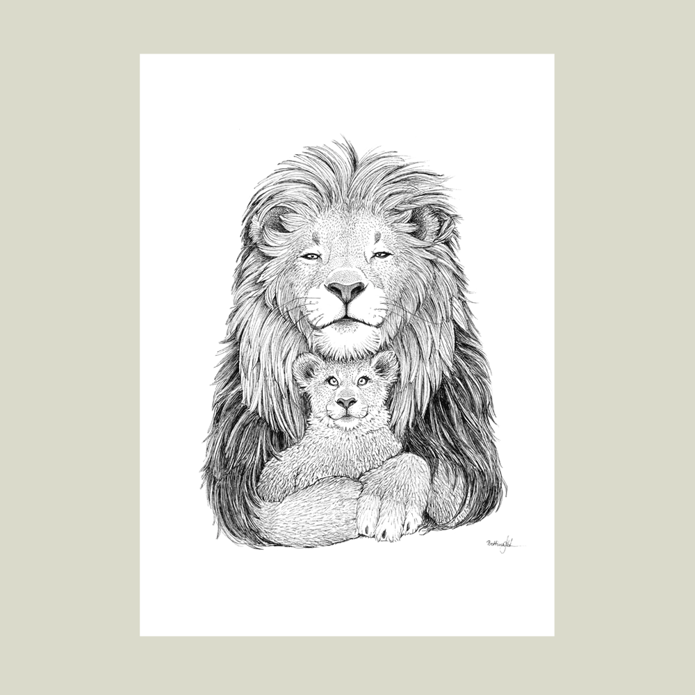 Håndtegnet sort-hvid plakat med løve og unge – detaljeret tuschtegning af løvefar med løveunge.
