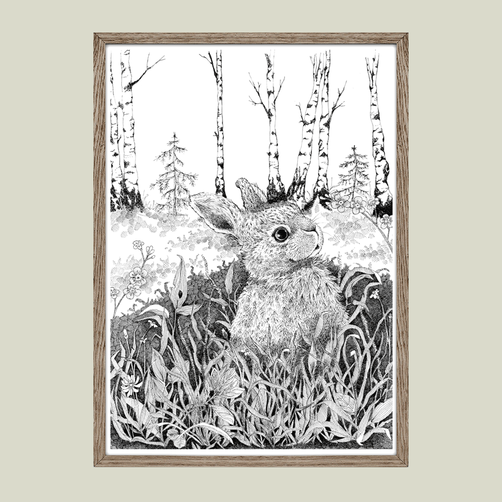 Håndtegnet plakat med hareunge i skoven – naturmotiv fra serien I haven og skoven