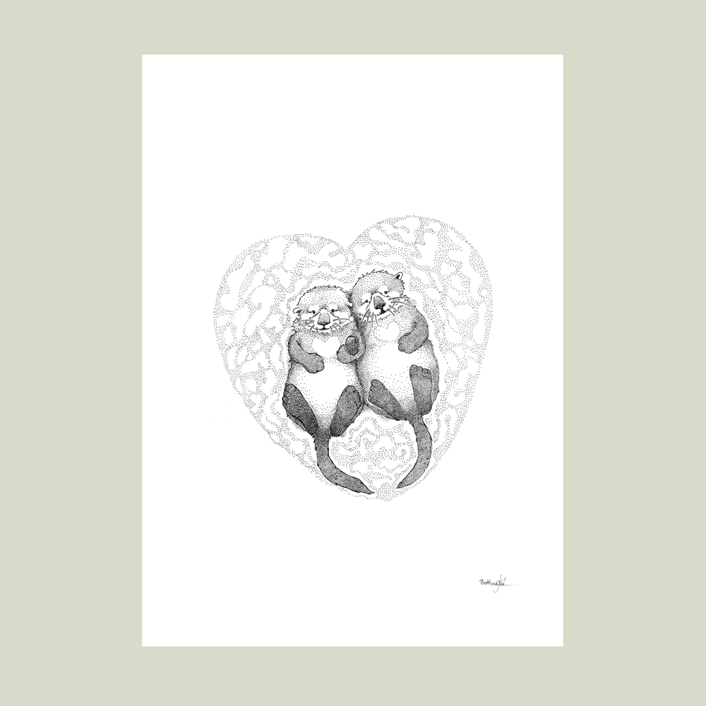 Håndtegnet sort-hvid plakat med to havoddere i hjerte – symbol på kærlighed, tryghed og samhørighed.