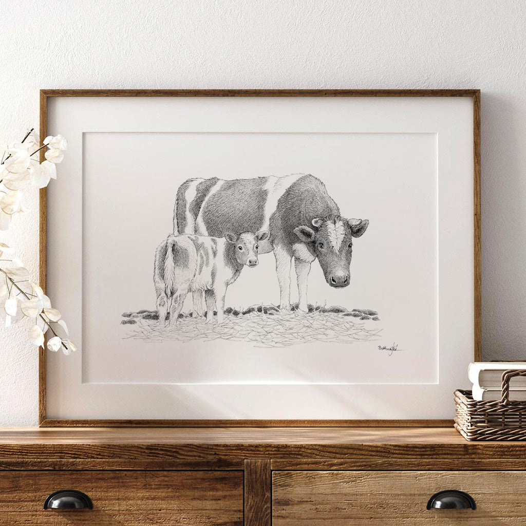 Håndtegnet sort-hvid illustration af en ko og hendes nyfødte kalv, stående tæt sammen i et roligt marklandskab.